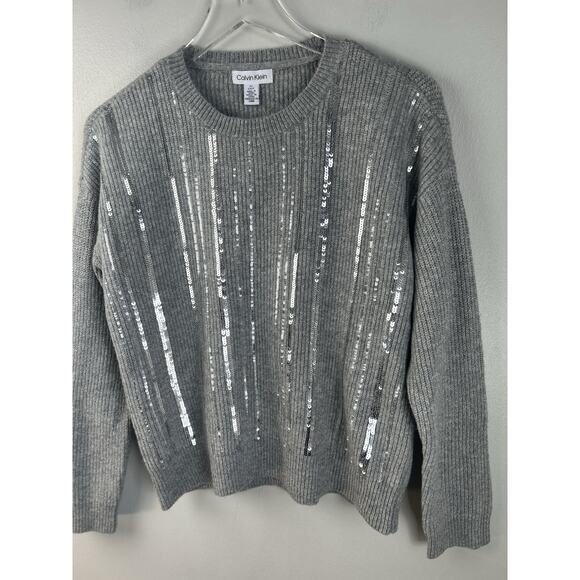 NWT Calvin Klein Sweater Womens Small Gray Sequin Crewneck Long Sleeve - Picture 5 of 11